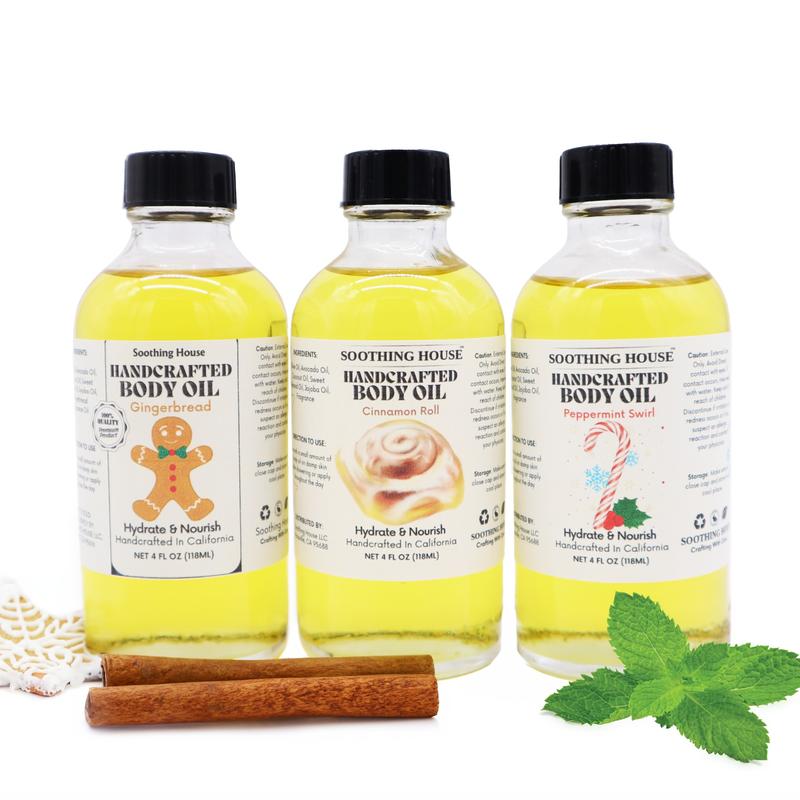 Christmas Trio Body Oil Variety Pack: Peppermint Swirl, Cinnamon Roll, and Gingerbread Cookie, 3 Bottles with Droppers Moisturize Nourishing Body Care Scent Fragrance Gift Luxury Aroma Body Care