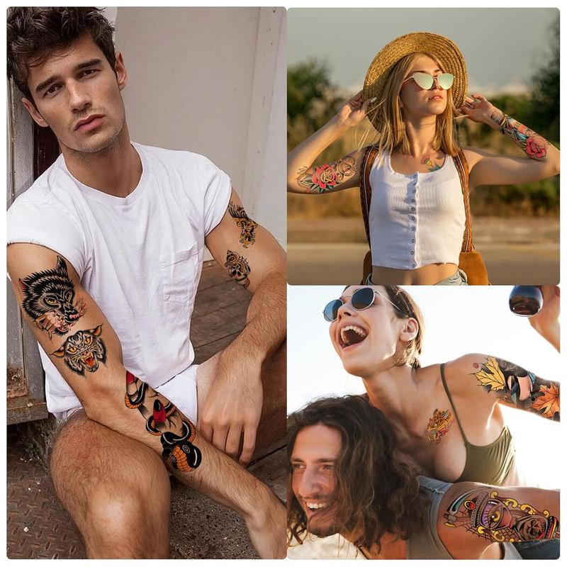 77 Sheets Classic Temporary Tattoos Adult Men, Traditional Colorful Realistic Half Arm Fake Tattoo Sleeve, Flower Butterfly Snake Owl Shark for Women,