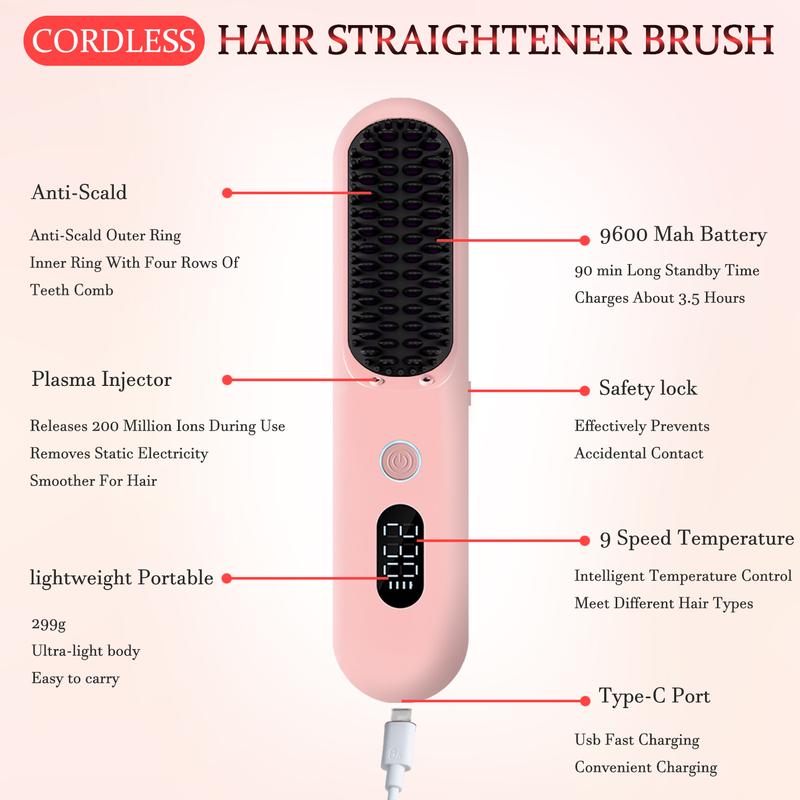 Ouestbeauty Cordless Hair Straightener Brush Comb with 9 Temperature Settings & Anti-Scald - Comfort, Gentle