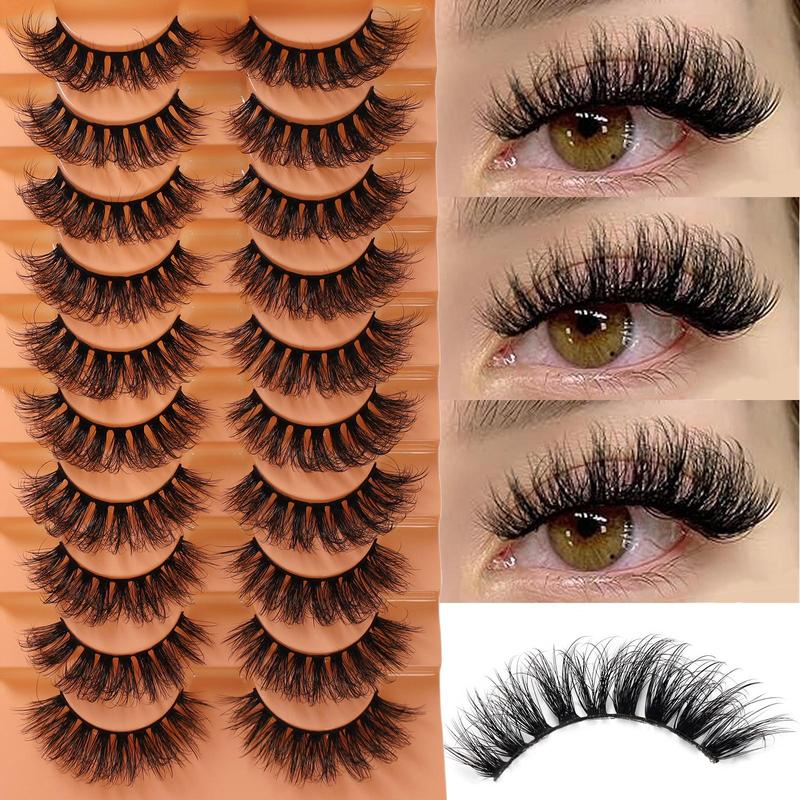 Fluffy False Eyelashes, 10 Pairs Wispy Cat Eye Faux Cluster Lashes, Natural Curling Eye Makeup Strip Lashes, Volumized False Eyelashes for Women and Girls, Christmas Gift