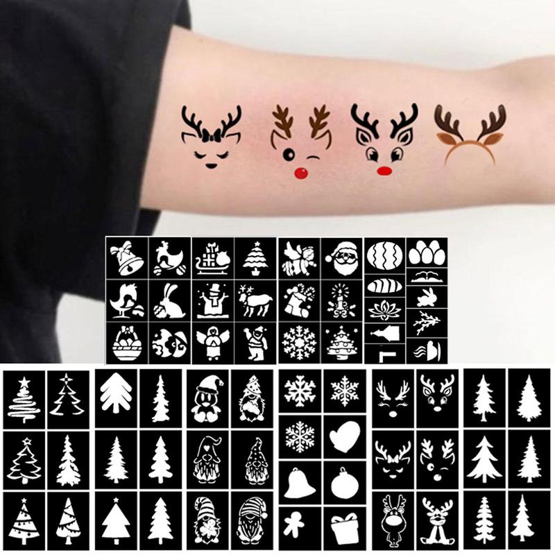 Snowman & Santa & Elk Pattern Festival Themed Temporary Tattoo Stencil Kit, 10 Sheets Reusable Tattoo Templates for Body Art Painting and Makeup