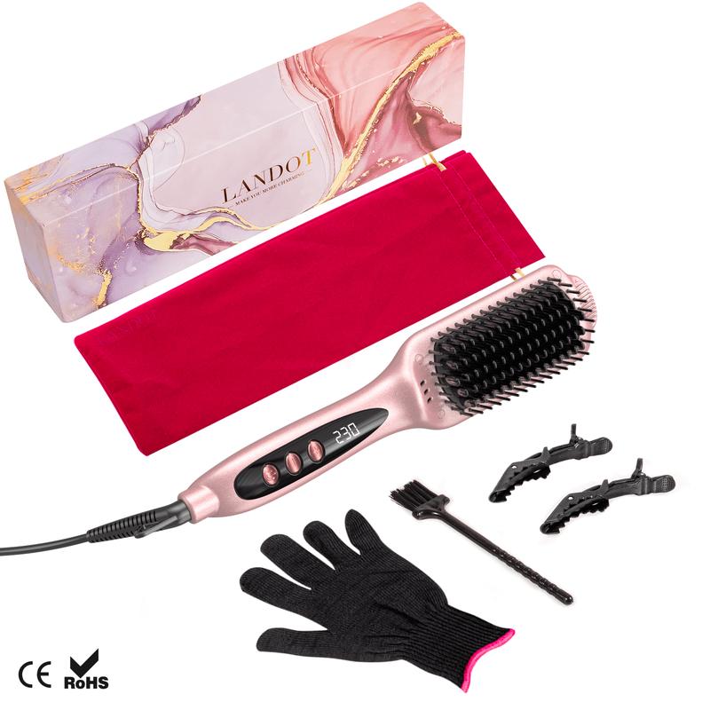 LANDOT Hair Straightener Brush Heated Straightening Brush: Negative Ion Ceramic Hot Hair Brush Straightener for Smooth Frizz-Free Hair,QF-S200