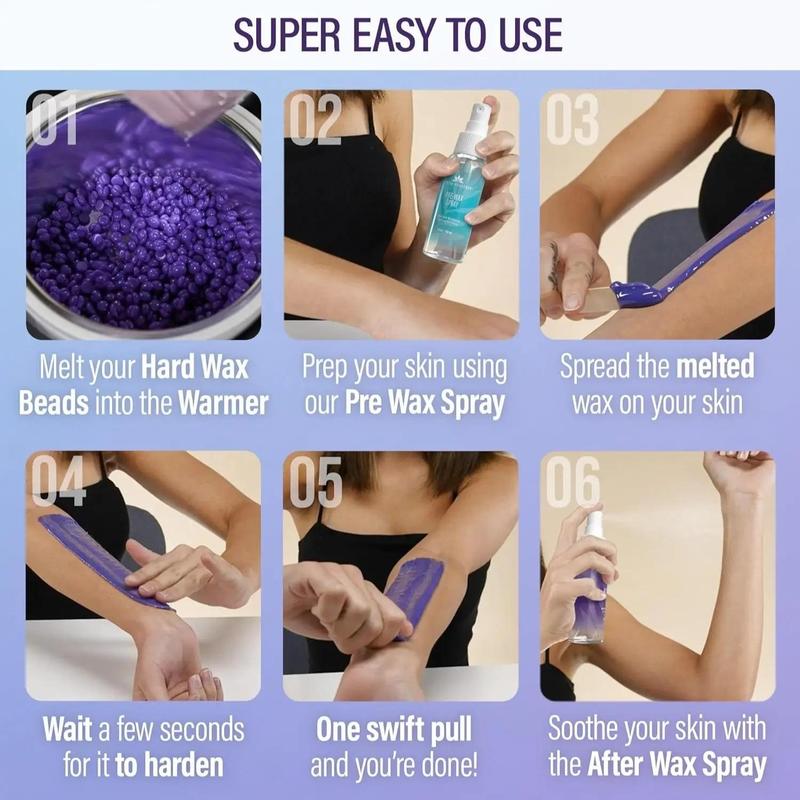 Multi-use Hair Removal Waxing Kit, 4 Hair Removal Wax Beads & 20 Applicator & 1 Pre-wax Spray & 1 Post-wax Spray, Gentle Wax Beads for Body Hair Removal, Hair Remover