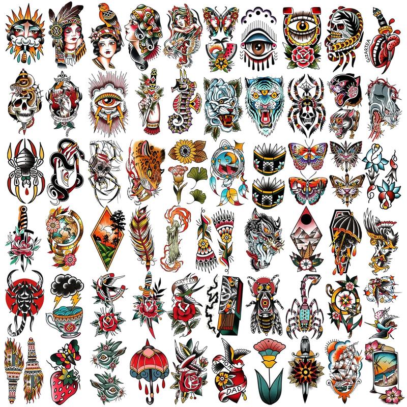 77 Sheets Classic Temporary Tattoos Adult Men, Traditional Colorful Realistic Half Arm Fake Tattoo Sleeve, Flower Butterfly Snake Owl Shark for Women,