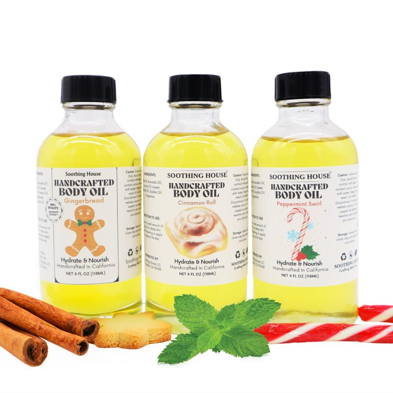 Christmas Trio Body Oil Variety Pack: Peppermint Swirl, Cinnamon Roll, and Gingerbread Cookie, 3 Bottles with Droppers Moisturize Nourishing Body Care Scent Fragrance Gift Luxury Aroma Body Care