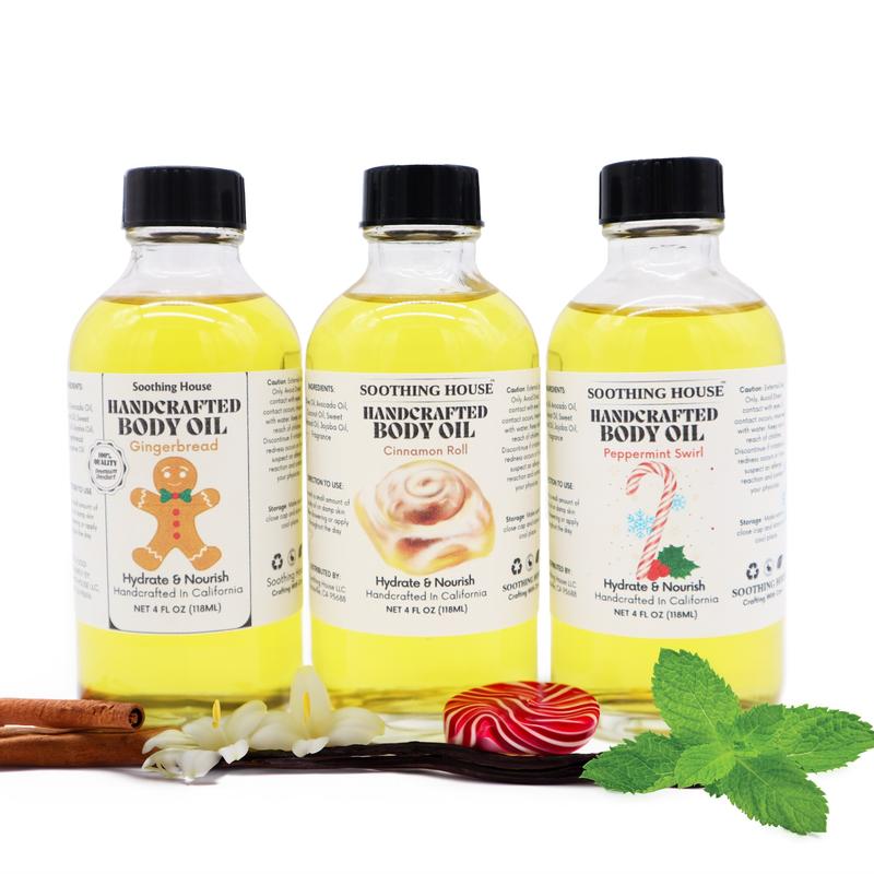 Christmas Trio Body Oil Variety Pack: Peppermint Swirl, Cinnamon Roll, and Gingerbread Cookie, 3 Bottles with Droppers Moisturize Nourishing Body Care Scent Fragrance Gift Luxury Aroma Body Care