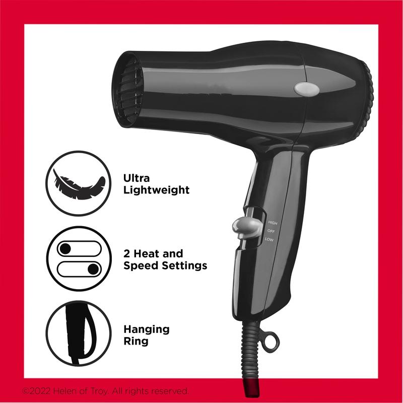 Travel Hair Dryer | Salon-Style Blowouts, Lightweight Design, 1875 Watts for Fast Drying with 2 Heat & Speed Settings for Drying and Styling Flexibility (Black)