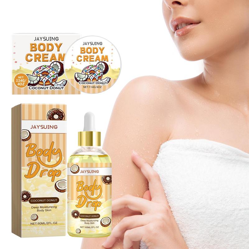 Coconut Donut Body Care Kit (2 Counts set), Moisturizing and Nourishing Body Cream & Body Oil, Body Massage Skin Care Set for Women & Men, Skin Care Products