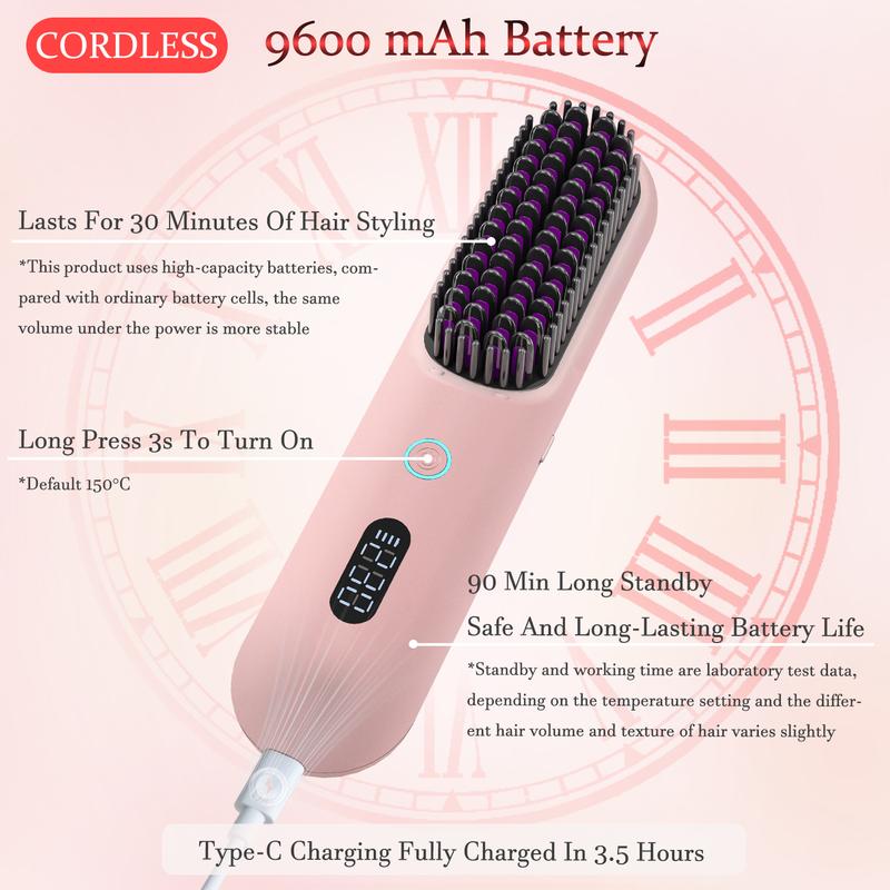 Ouestbeauty Cordless Hair Straightener Brush Comb with 9 Temperature Settings & Anti-Scald - Comfort, Gentle