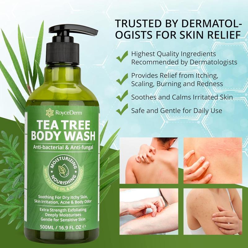 RoyceDerm Tea Tree Body Wash, Antibacterial Tinea Versicolor Body Wash Acne Body Care Cleansing Eczema Skin Care Soap Daily