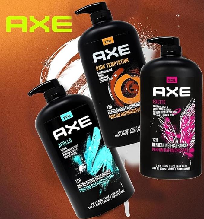 Axe Men's Body Wash Variety Set, Set of 3 Scents, Axe Dark Temptation, Apollo and Excite Body Wash, 3in1 Body and Face Wash in Pump Bottle, 33.8 Ounce Each Body Care Blend