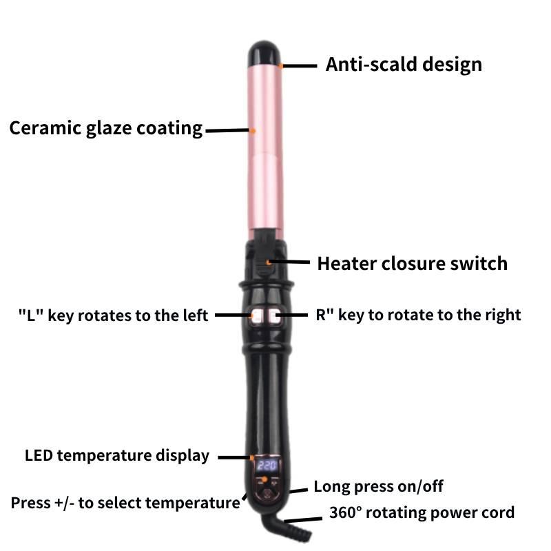 Rotating Hair Curler Curling Wand 28mm 1.1 Inch Curling Irons Hair Waver 30s Instant Heat-Up, Anti-Scald & Dual Voltage with LCD Temp Display 28mm Adjustable Comfort Salon