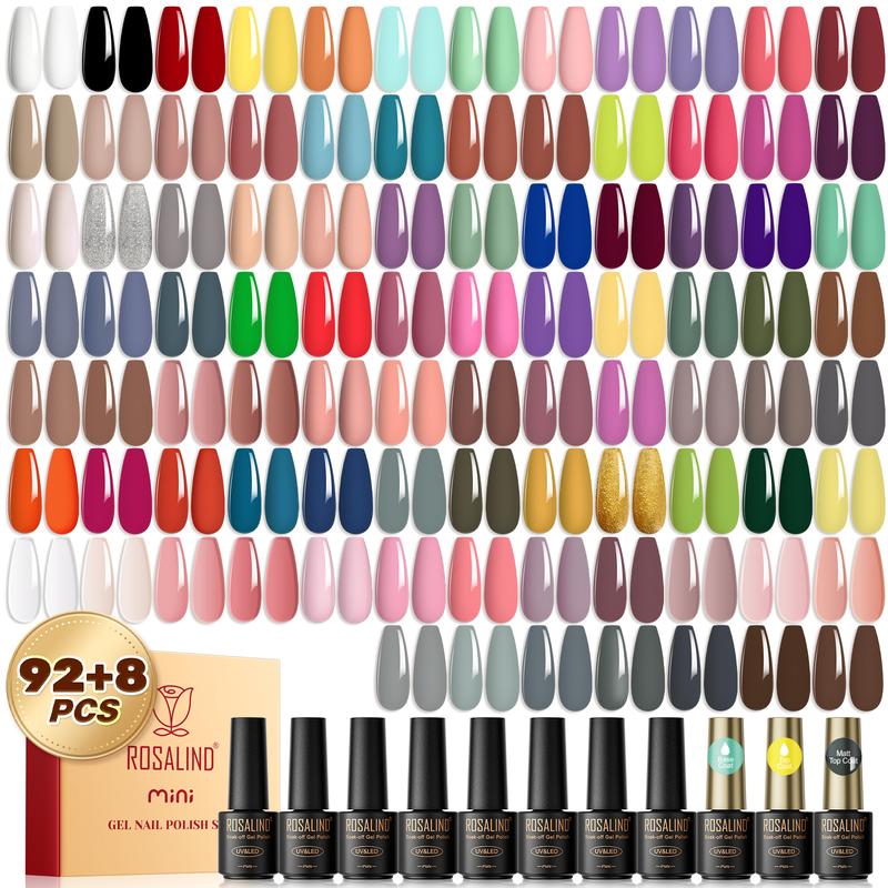 ROSALIND 100PCS Gel Nail Polish Set, 92 PCS Colors Gel Polish Set with 8 Bottles of Base and Glossy Matte Top Coat Starter Gel Nail Set Suitable for All Seasons Gift for Women