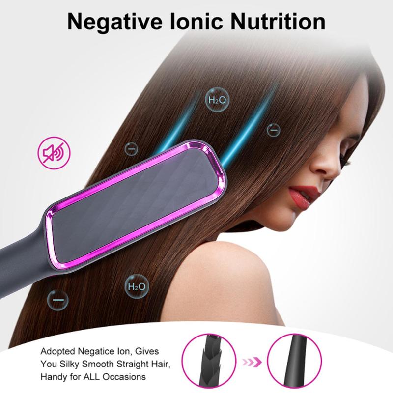 Electric Hair Straightener Brush, Multi-Purpose Hot Comb For Straightening & Curling,Dual Voltage,Wet & Dry Use,Anti-Frizz,With Temperature Control And Auto Shut-off Function