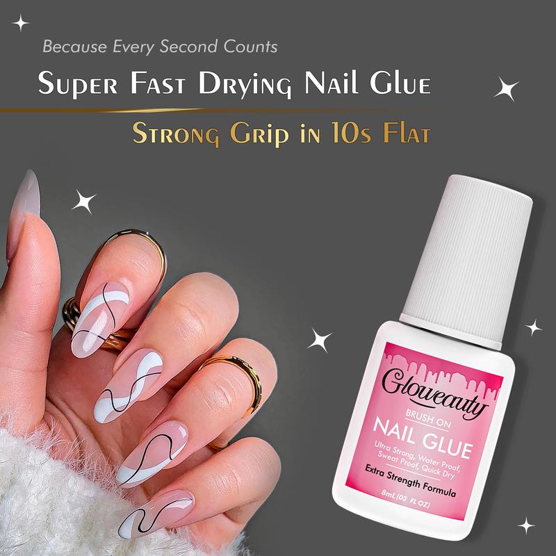 Gloweauty Ultra Strong Waterproof Nail Glue – 8ml Thick Formula for Long-Lasting Hold on Nail Tips, Acrylic Nails & Press-On Nails | Fast Drying Brush-On Bond