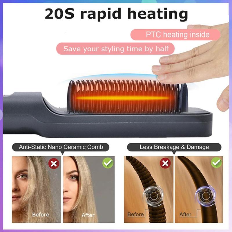 Electric Hair Straightener Brush, Multi-Purpose Hot Comb For Straightening & Curling,Dual Voltage,Wet & Dry Use,Anti-Frizz,With Temperature Control And Auto Shut-off Function