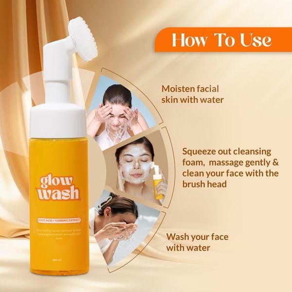 Glow Wash Brightening Foaming Facial Cleanser with Turmeric & Kojic Acid - Hydrating Dark Spot Removal Face Wash, Deep Cleansing Skincare- 150ml