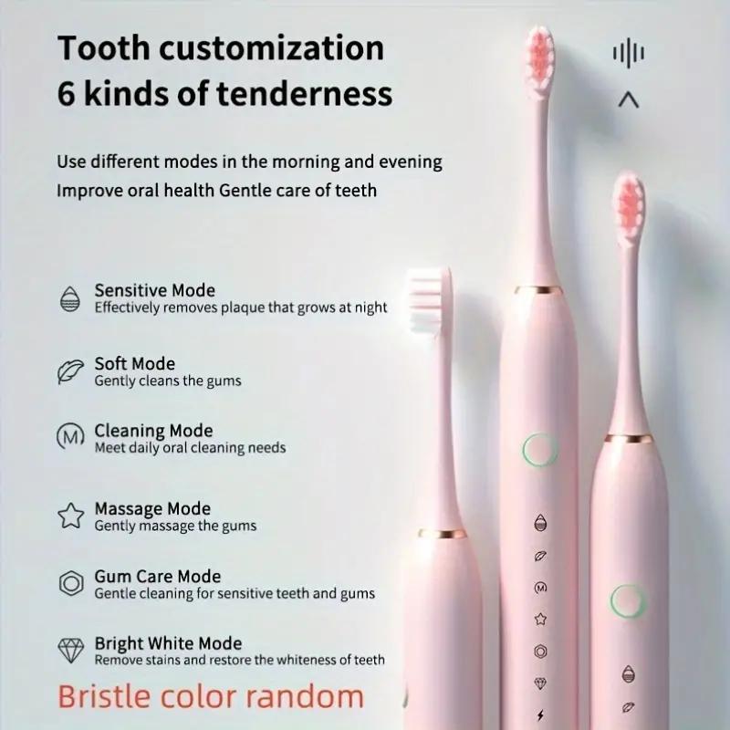 6-speed Intelligent Timed Electric Toothbrush, 1 Set Rechargeable USB Portable Toothbrush & Brush Heads, Suitable for Adults