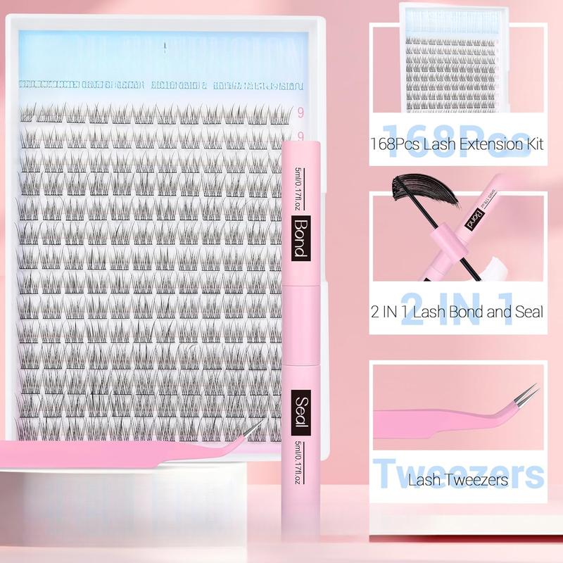 Natural Lash Extension Kit 168Pcs Lash Clusters Kit Wispy Eyelash Extensions 9-12MM Individual Lashes Extensions with Bond and Seal Lash Glue and Eyelash Extension Tweezers Eyelashes Extensions