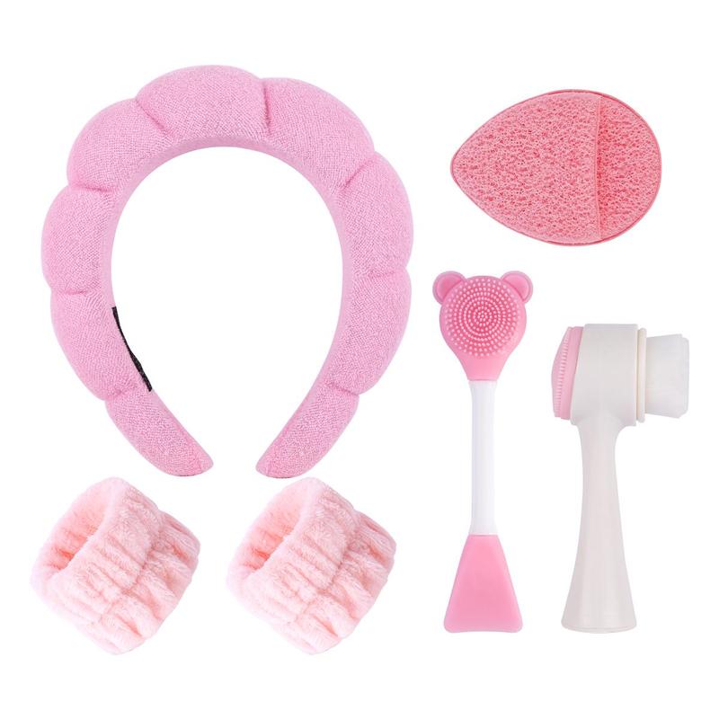 Face Wash Tool Set for Christmas Gift, 6 Counts set Hair Hoop & Face Washing Wrist Band & Double-sided Facial Cleansing Brush & Silicone Mask Brush & Facial Cleansing Puff