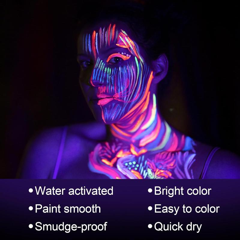 8 Bright Colors Neon Fluorescent Body Painting Palette, Water Activated Eyeliner, Water Based Glow In The Dark Party Halloween Washable for Kids Adult Body Paint Makeup Cosmetic