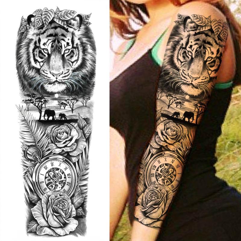 Flower & Tiger Pattern Temporary Tattoo Sticker, 1 Count Waterproof Long Lasting Fake Tattoo Sticker, Body Art Sticker for Women & Men