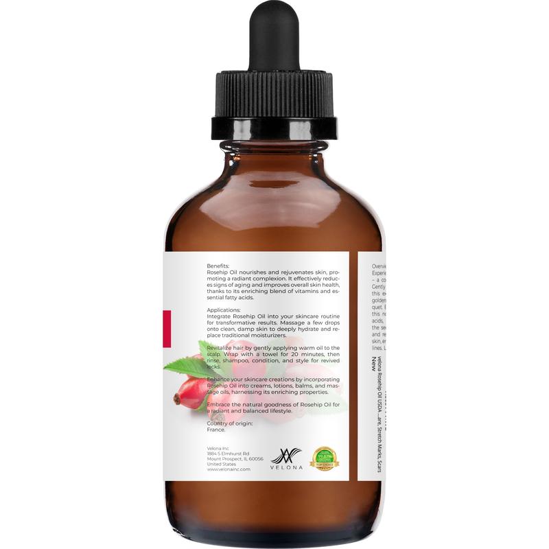 velona Rosehip Oil - 4 Fl Oz in Glass Bottle | 100% Pure and Natural Carrier Oil| Unrefined, Cold Pressed | Moisturizing Face, Hair, Skin, Scars, Stretch Marks