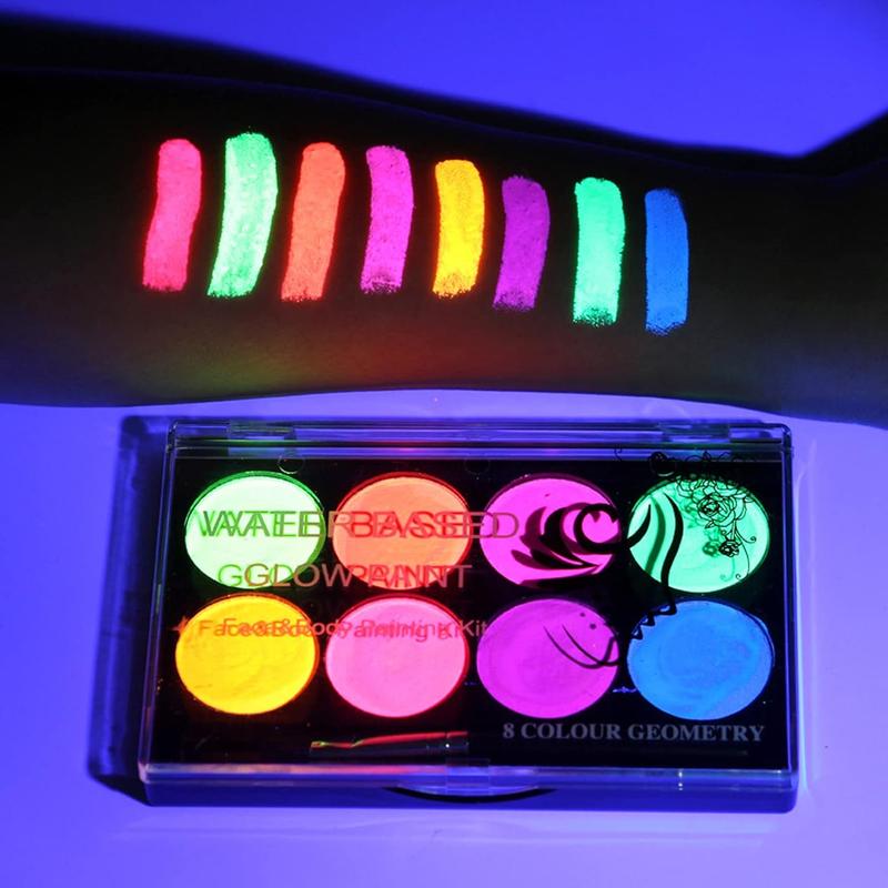 8 Bright Colors Neon Fluorescent Body Painting Palette, Water Activated Eyeliner, Water Based Glow In The Dark Party Halloween Washable for Kids Adult Body Paint Makeup Cosmetic