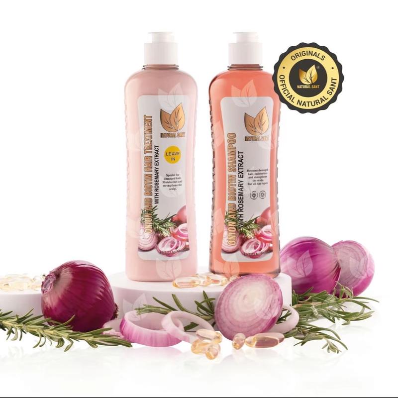 Natural Sant-Shampoo y tratamiento de cebolla, romero y biotina Silicone Free Organic Haircare 16 Fl OZ 500ml, Onion shampoo and leave in conditioner