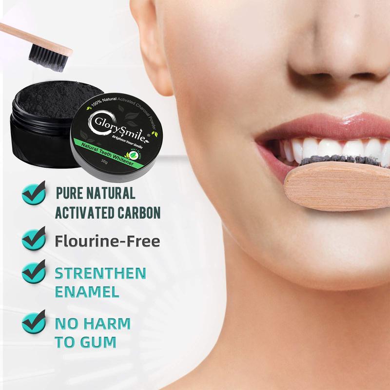 GlorySmile Teeth Whitening Powder 100% Organic Activated Charcoal Teeth Whitening Powder+Bamboo Toothbrush  30g Coconut Charcoal, Effective Teeth Stain Remover and Toothpaste Alternative Fresh Mint  Lemon Rose teeth  whitening