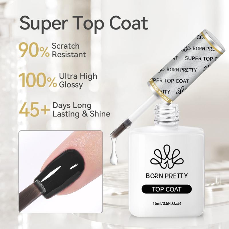 BORN PRETTY Gel Top Coat,15ml Gloss Base and Top Coat Set, No Wipe Super Top Coat Not Chip or Peel and Long Lasting Base Gel Top Coat for Nail Art Nail Polish Nail Care