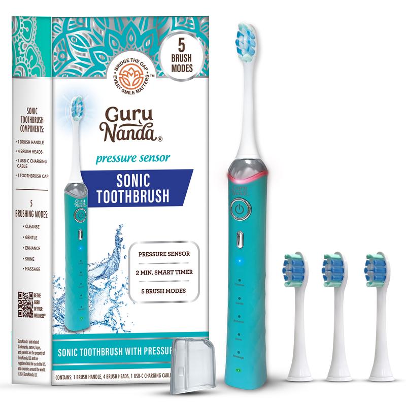 GuruNanda Teal Pressure Sensor Sonic Electric Toothbrush - Rechargeable with 5 Modes, Memory Function, 2-Min Smart Timer & 4 Replacement Heads