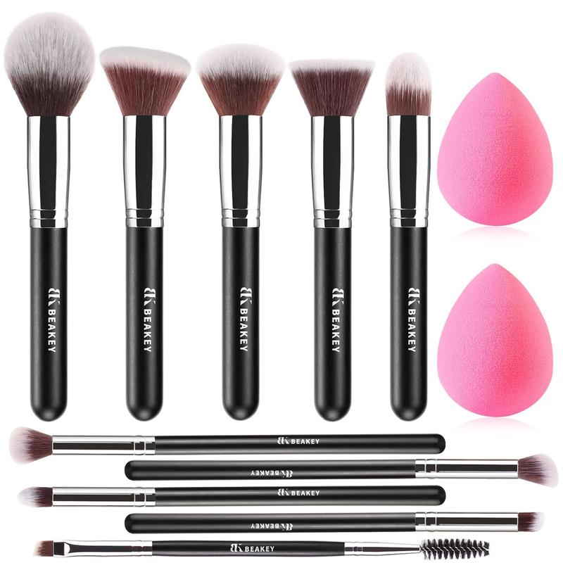 BEAKEY Makeup Brushes Set, Professional Foundation Eyeshadow Concealer Blush Powder Bronzer Applicator, 2 Blender Sponge wit Beauty Paper Case, Gifts for Women Christmas Stocking Stuffers for Adults