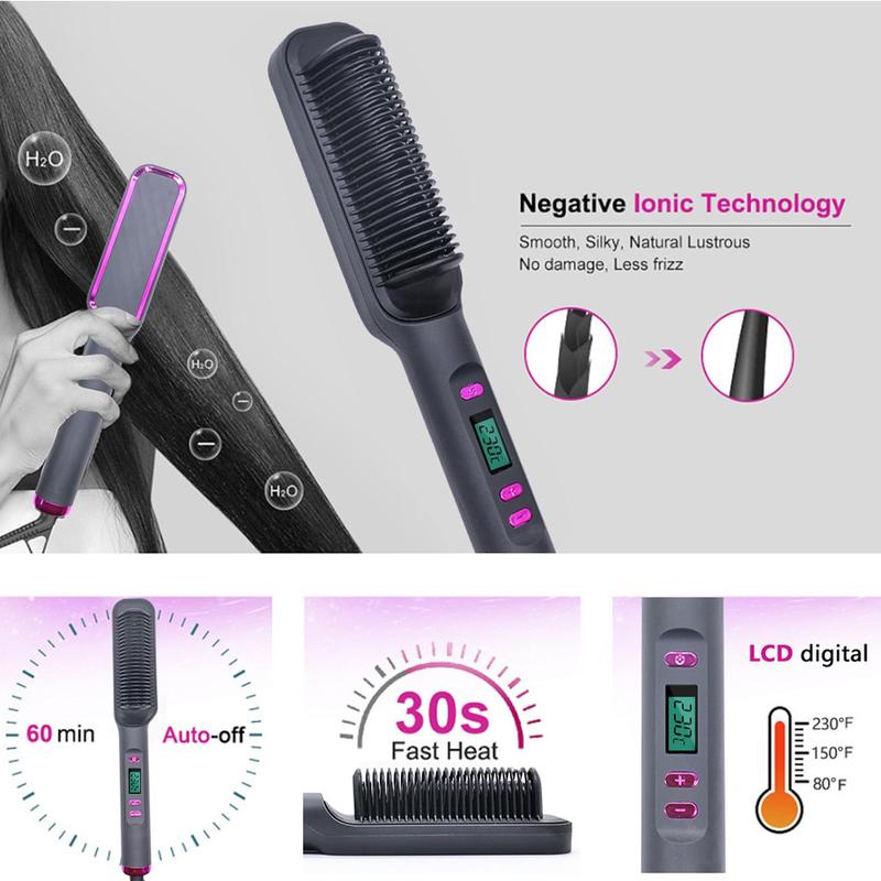 Electric Hair Straightener Brush, Multi-Purpose Hot Comb For Straightening & Curling,Dual Voltage,Wet & Dry Use,Anti-Frizz,With Temperature Control And Auto Shut-off Function