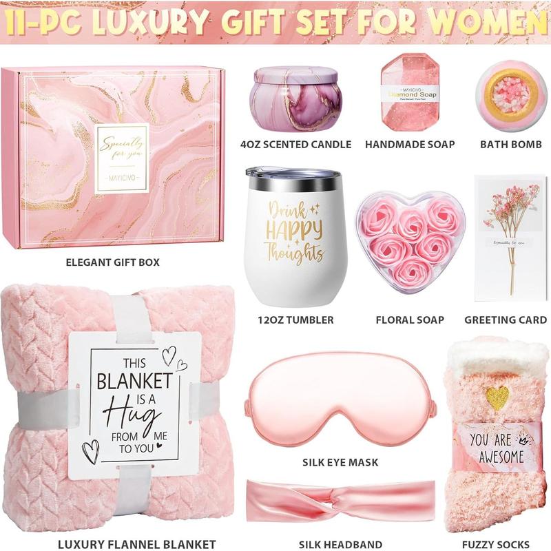 Birthday Gifts for Women Self Care Gifts Get Well Soon Gifts, Rose Relaxing Spa Gifts Basket Care Package w  Luxury Flannel Blanket, Unique Mothers Day Gifts Idea for Mom Her Best Friends Sister Wife