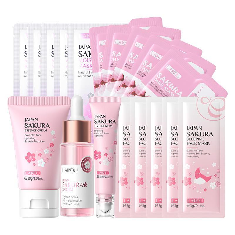 Sakura Skincare Set, 18pcs set Moisturizing Facial Cream & Face Serum & Eye Serum & Sleeping Mask & Mud Mask & Hydrateing Mask, Skin Care Kit for Women