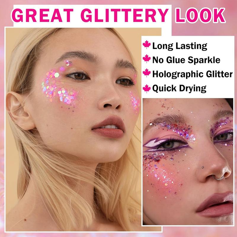 6 Color Body Glitter Face Glitter Gel Pink Face Glitter Makeup Holographic Sequins Glitter Gel for Face Body Hair Nail Lip Glitter Gel