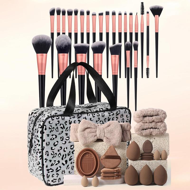 Makeup Tools Set, 25 Makeup Brushes & 8 Sponge & 1 Headband & 2 Wristband & 4 Triangle Puff & 4 Finger Puff & 1 Brush Cleaning Tray & 1 Waterproof Makeup Bag