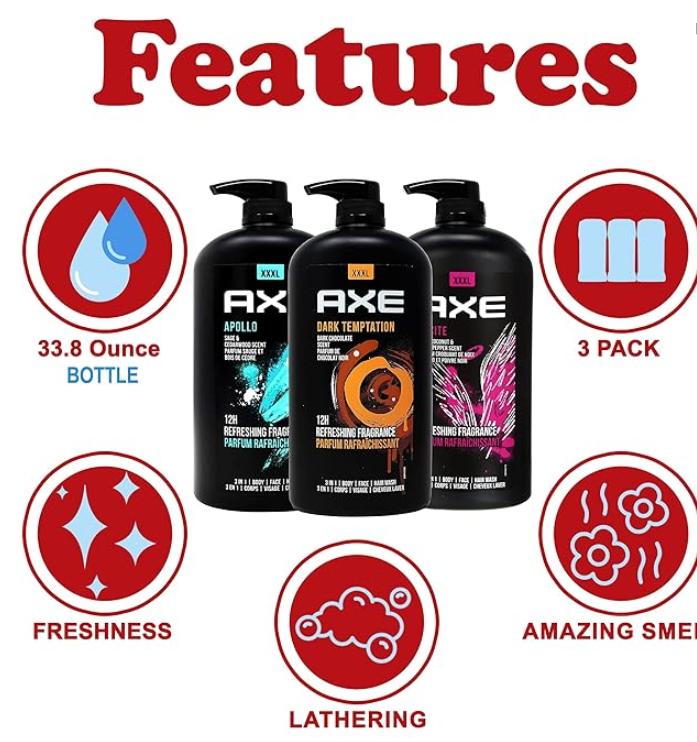 Axe Men's Body Wash Variety Set, Set of 3 Scents, Axe Dark Temptation, Apollo and Excite Body Wash, 3in1 Body and Face Wash in Pump Bottle, 33.8 Ounce Each Body Care Blend