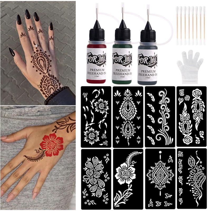 Temporary Tattoo Ink & Stencil Kit, 1 Set DIY Temporary Tattoo Stencil for Body Art, Face Painting, Wedding, Party, Festival