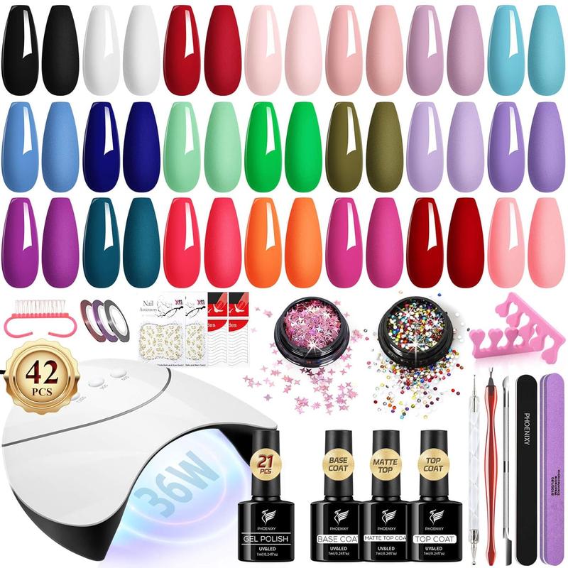 Gel Nail Polish Set - 42Pcs Gel Nail Polish Kit with U V Light 21 All Season Colors Gel Nail Kit with Matte Gel Top Coat Nail Art Tools Nail Polish Set Gifts for Women