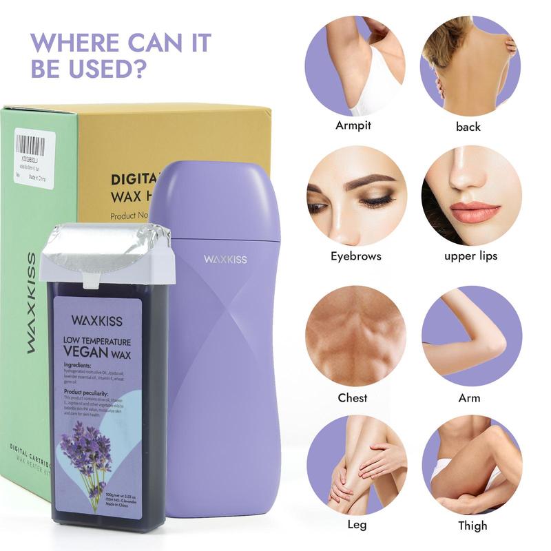 Lavender Waxing Kit, 1 Count Roll-on Waxing Machine & 2 Counts Wax Cartridge & 50pcs Wax Strips & 6 Counts Wax Removing Wipes