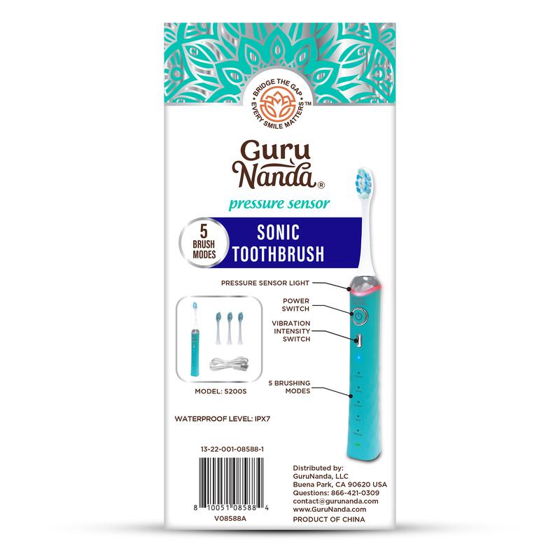 GuruNanda Teal Pressure Sensor Sonic Electric Toothbrush - Rechargeable with 5 Modes, Memory Function, 2-Min Smart Timer & 4 Replacement Heads