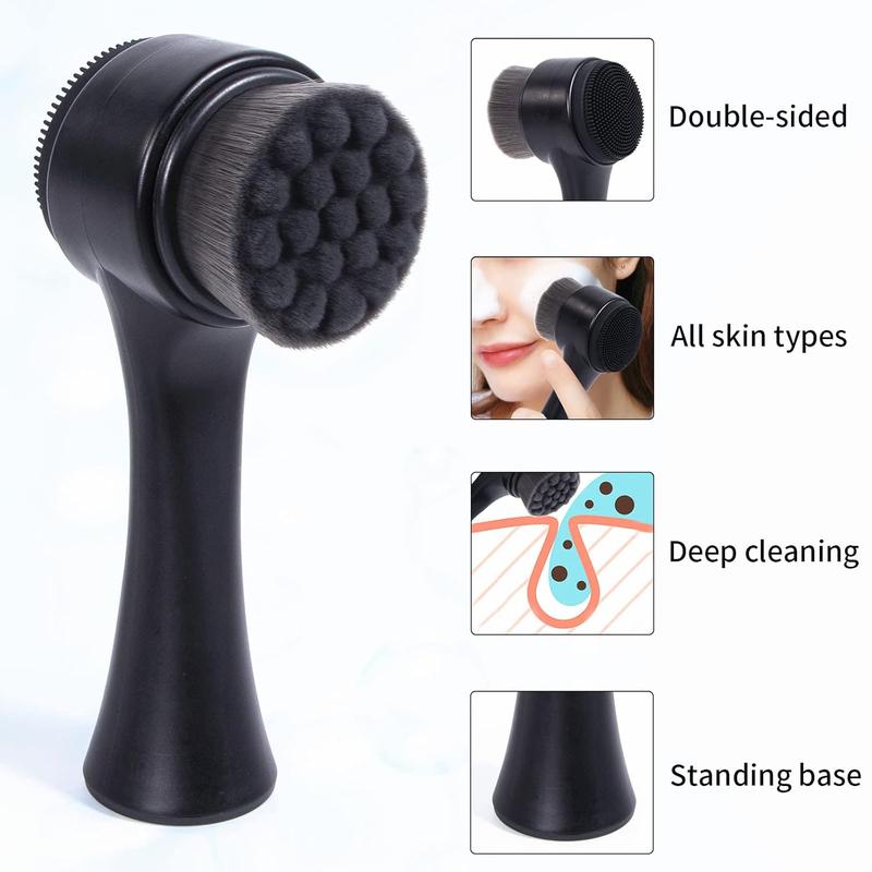 Face Brush 2 1, Facial Cleansing Exfoliating Scrubber Brush, Silicone Side Manual Face Wash Scrub Brush with Soft Bamboo Charcoal Fiber Deep Pore Cleansing, Massaging, Skin