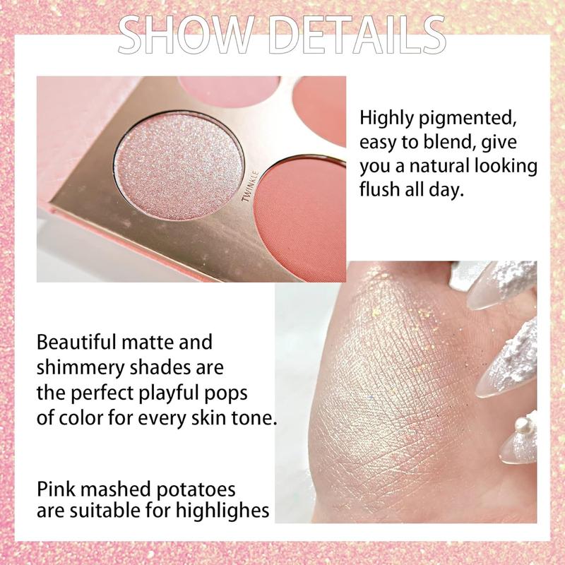 6 Colors Natural Blusher Palette, Long Lasting Shimmering Blush Palette, Cheeks Contour Blush Pressed Powder, Natural Look Blush for Daily Makeup