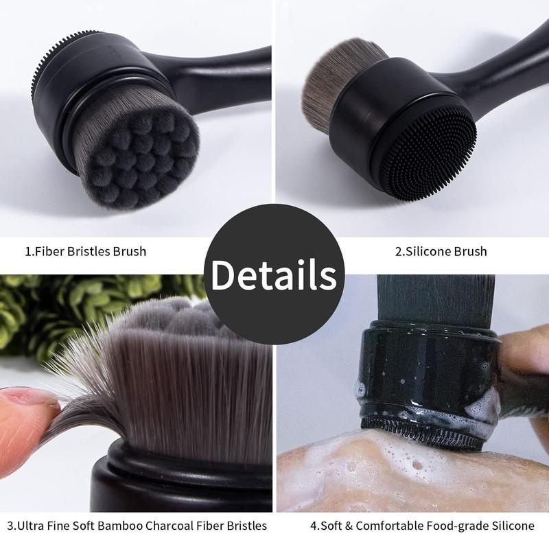 Face Brush 2 1, Facial Cleansing Exfoliating Scrubber Brush, Silicone Side Manual Face Wash Scrub Brush with Soft Bamboo Charcoal Fiber Deep Pore Cleansing, Massaging, Skin