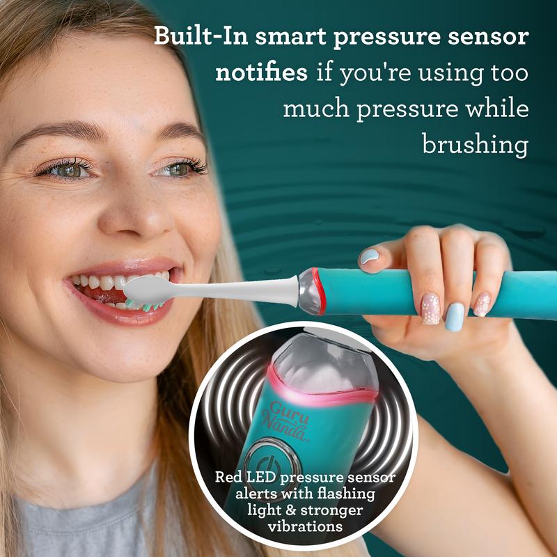 GuruNanda Teal Pressure Sensor Sonic Electric Toothbrush - Rechargeable with 5 Modes, Memory Function, 2-Min Smart Timer & 4 Replacement Heads