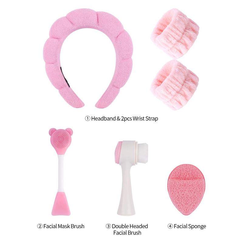 Face Wash Tool Set for Christmas Gift, 6 Counts set Hair Hoop & Face Washing Wrist Band & Double-sided Facial Cleansing Brush & Silicone Mask Brush & Facial Cleansing Puff