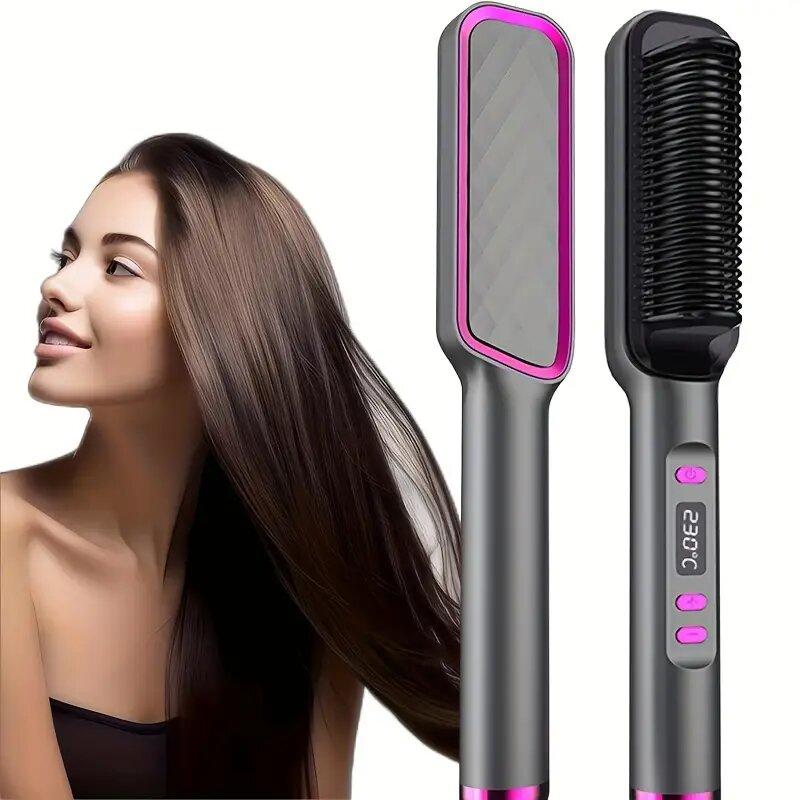 Electric Hair Straightener Brush, Multi-Purpose Hot Comb For Straightening & Curling,Dual Voltage,Wet & Dry Use,Anti-Frizz,With Temperature Control And Auto Shut-off Function