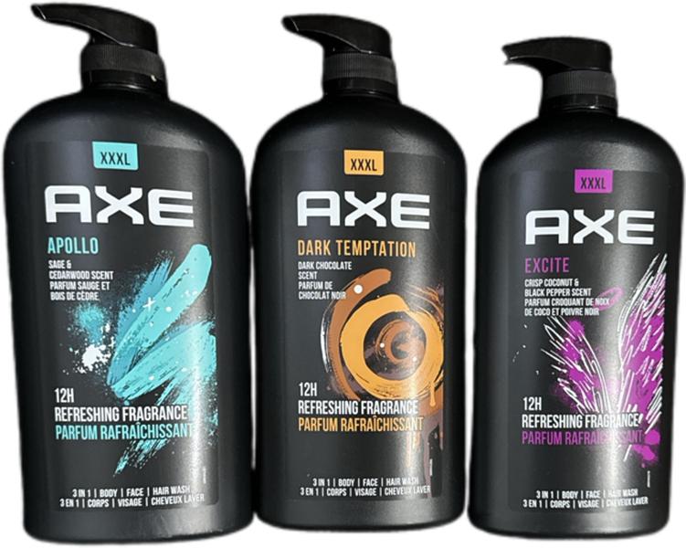 Axe Men's Body Wash Variety Set, Set of 3 Scents, Axe Dark Temptation, Apollo and Excite Body Wash, 3in1 Body and Face Wash in Pump Bottle, 33.8 Ounce Each Body Care Blend